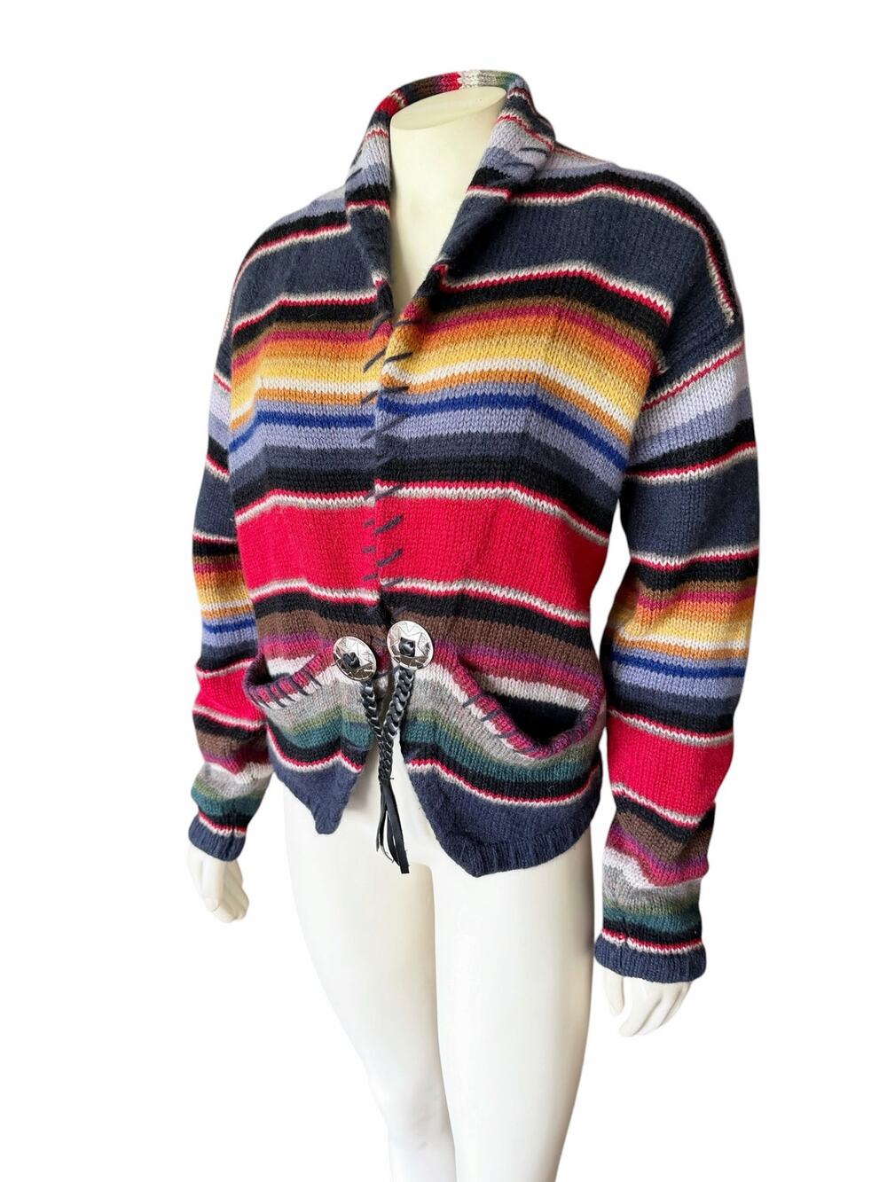 Beyond Blue Southwestern Striped Wool Sweater Cardigan Multicolor Concho Medium